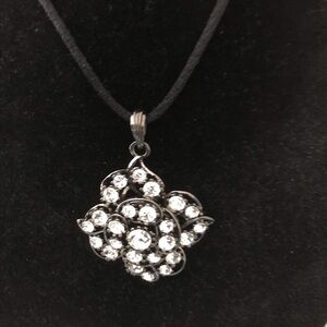 CRYSTAL NECKLACE WITH BLACK SATIN CORD AND MATCHING CLIP EARRINGS